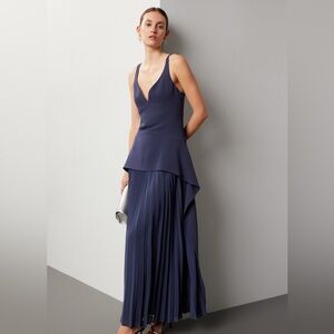 Elegant Navy Pleated Maxi Dress with Peplum Bodice